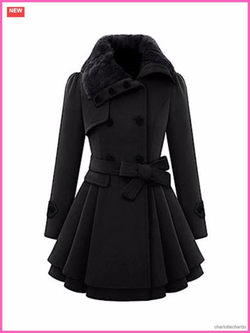 Women's Faux Fur Lapel Double-Breasted Wool Blend Trench Coat A-Line Pea Coat